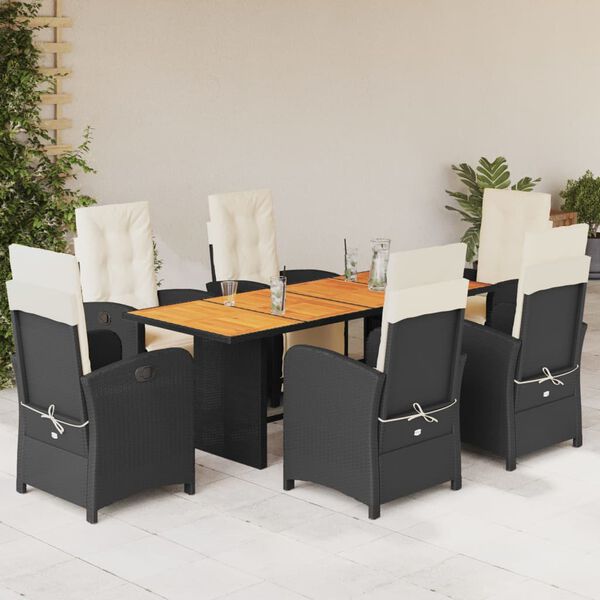 vidaXL 7 Piece Garden Dining Set with Cushions Black Poly Rattan
