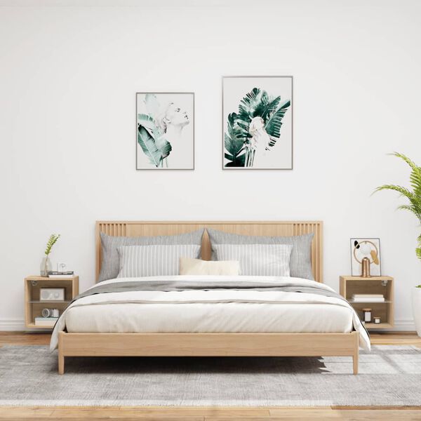 vidaXL Bedside Cabinets with LED Lights Wall-mounted 2 pcs Sonoma Oak