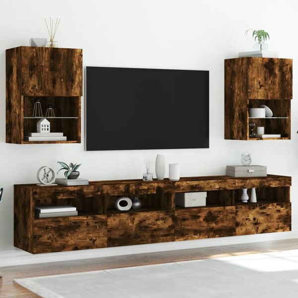 vidaXL TV Cabinets with LED Lights 2 pcs Smoked Oak 40.5x30x60 cm
