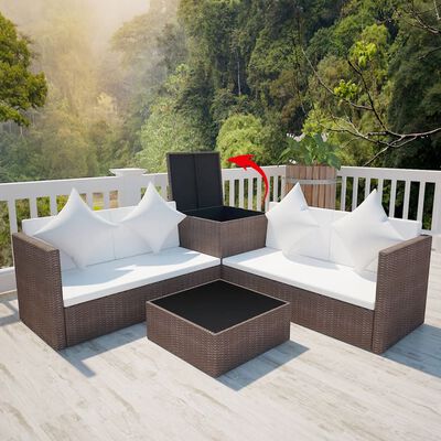 vidaXL 4 Piece Garden Lounge Set with Storage Chest Poly Rattan Brown
