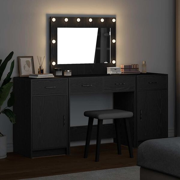 vidaXL Dressing Table with Mirror Lights 3 pcs Black Engineered Wood