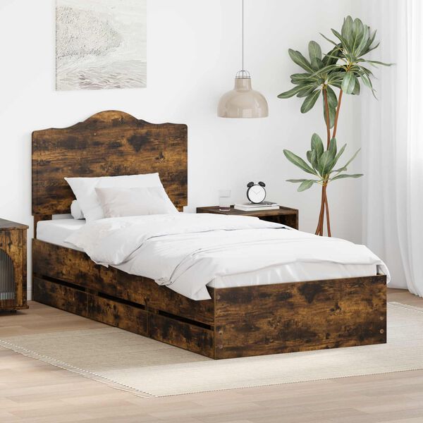 vidaXL Bed Frame with Drawer Smoked Oak 98.5 x 200 cm Engineer Wood