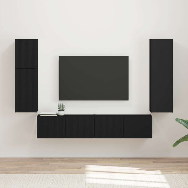 vidaXL TV Cabinet Set Wall-mounted 4 pcs Black Engineered Wood