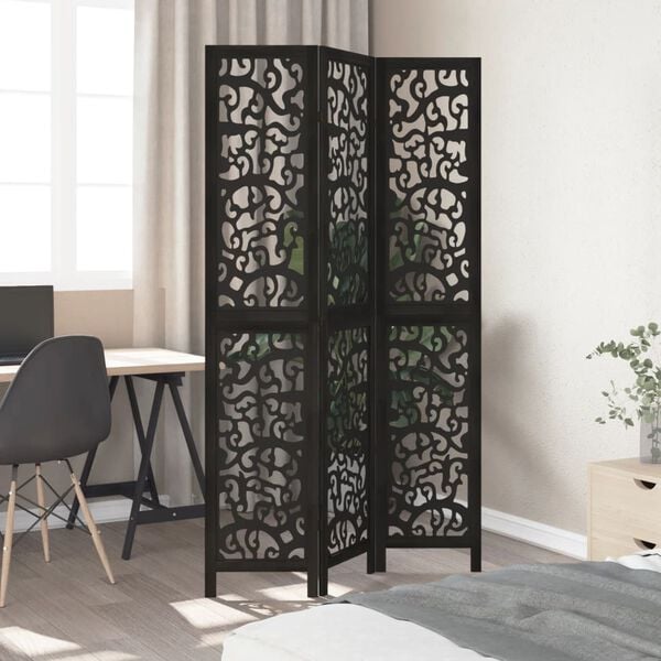 vidaXL Room Divider 3 Panels Black Solid Wood Paulownia