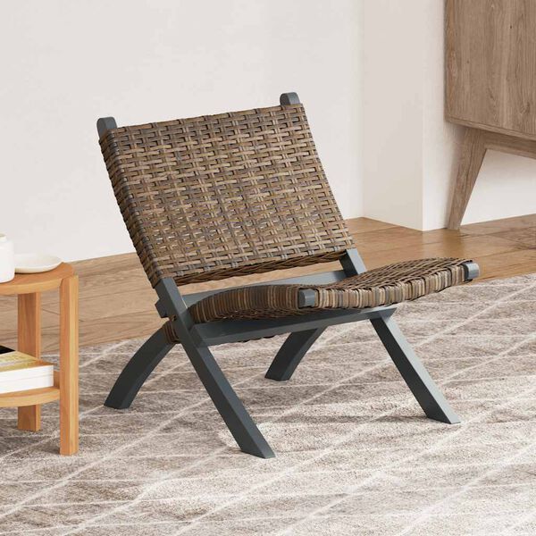 vidaXL Relaxing Chair Grey Natural Kubu Rattan and Solid Mahogany Wood