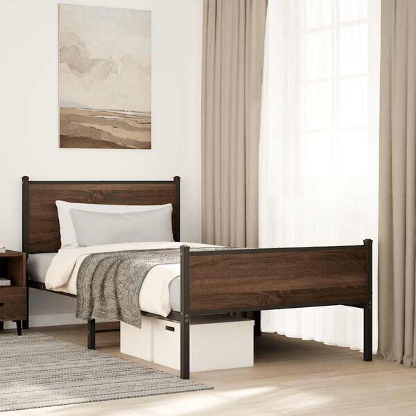 vidaXL Metal Bed Frame without Mattress Brown Oak 107x203 cm