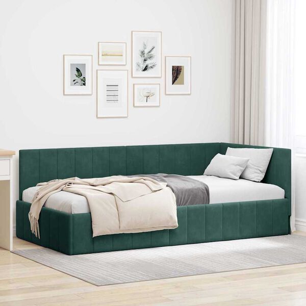 vidaXL Corner Bed Frame Dark Green 90 cm x 190 cm Velvet