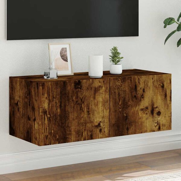 vidaXL TV Wall Cabinet with LED Lights Smoked Oak 80x35x31 cm