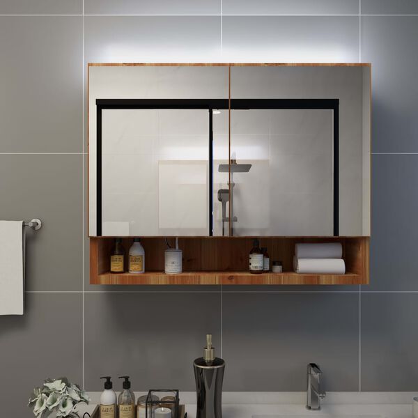 vidaXL LED Bathroom Mirror Cabinet Oak 80x15x60 cm MDF