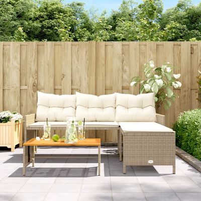 vidaXL Garden Sofa with Table and Cushions L-Shaped Beige Poly Rattan