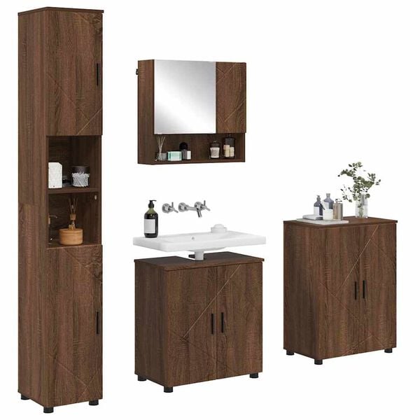 vidaXL Bathroom Furniture Set 4 pcs Brown Oak Engineered wood & Metal