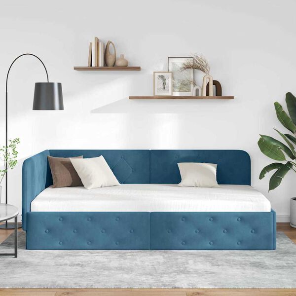 vidaXL Corner Bed Frame with Headboard Blue 90 x 200 cm Velvet