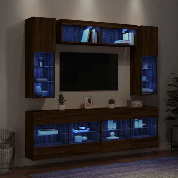 vidaXL 6 Piece TV Wall Cabinet Set with LED Lights Brown Oak