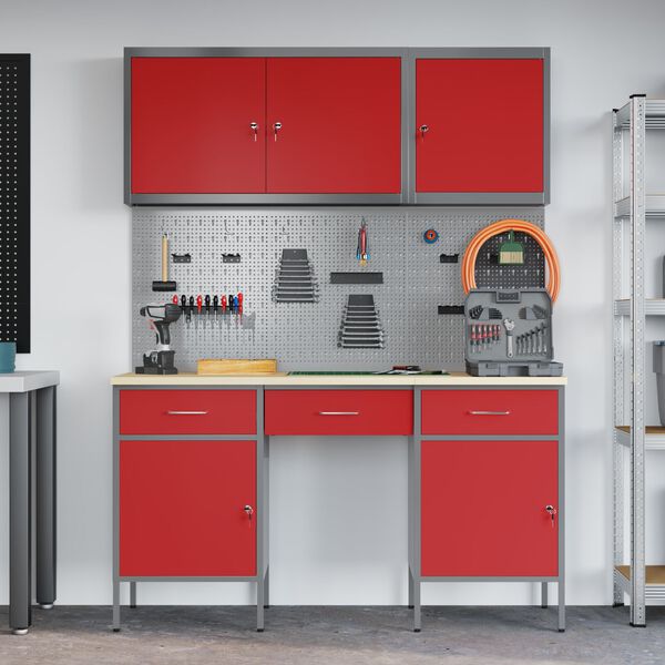 vidaXL Work Bench with Drawer 8 pcs Red 150 x 55 x 200 cm Steel