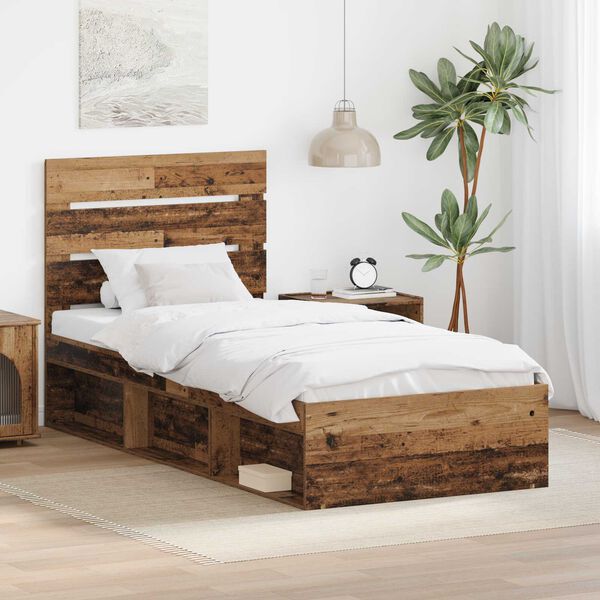 vidaXL Bed Frame with Headboard Old Wood 90 x 200 cm Solid Pine Wood
