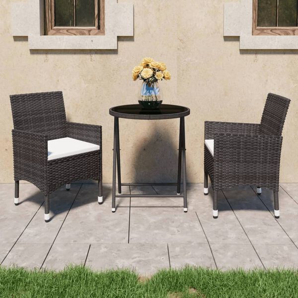 vidaXL 3 Piece Garden Bistro Set Poly Rattan and Tempered Glass Brown