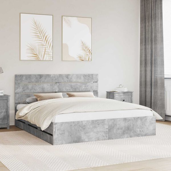 vidaXL Bed Frame with Drawer Concrete Grey 200 x 200 cm Engineer Wood