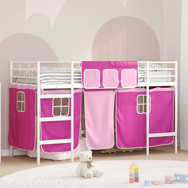 vidaXL Kids'Loft Bed Frame with Curtains White and Pink 100 x 190 cm