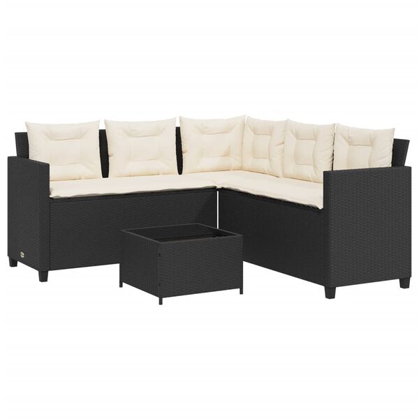 vidaXL Garden Sofa with Table and Cushions L-shaped Black Poly Rattan