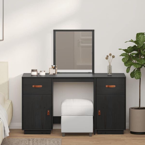 vidaXL Dressing Table Set with a Mirror Black Solid Wood Pine