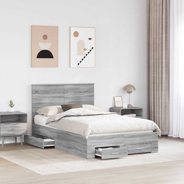 vidaXL Bed Frame with Drawer Grey Sonoma 120 x 190 cm Engineered Wood