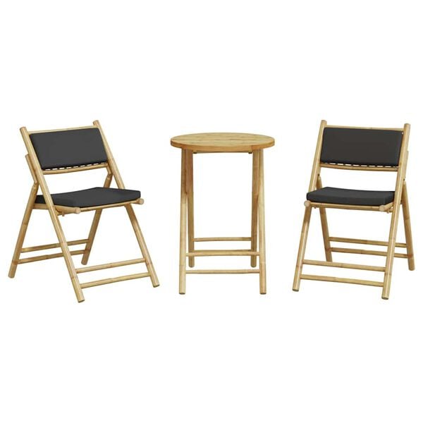 vidaXL 3 Piece Folding Bistro set with Dark Grey Cushions Bamboo