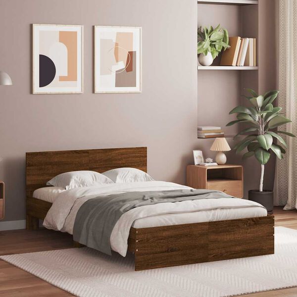 vidaXL Bed Frame with Headboard and LED Brown Oak 135x190 cm Double