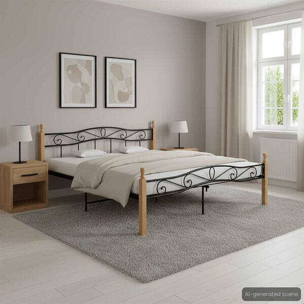 vidaXL Bed Frame without Mattress Black Metal&Solid Oak Wood 200x200 cm
