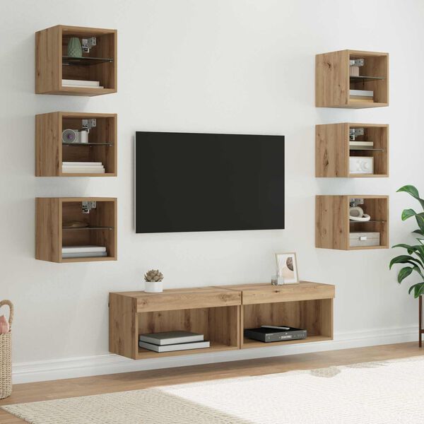 vidaXL TV Cabinet with LED Strip Lights 8 pcs Artisan Oak Glass