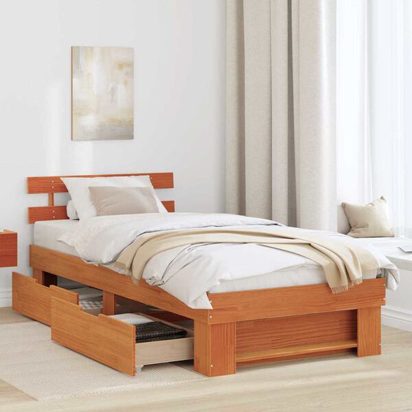 vidaXL Bed Frame with Headboard Wax Brown 90 x 200 cm Solid Pine Wood