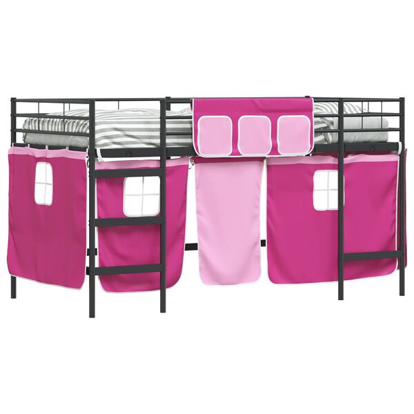 vidaXL Kids'Loft Bed Frame with Curtains Black and Pink 107 x 200 cm