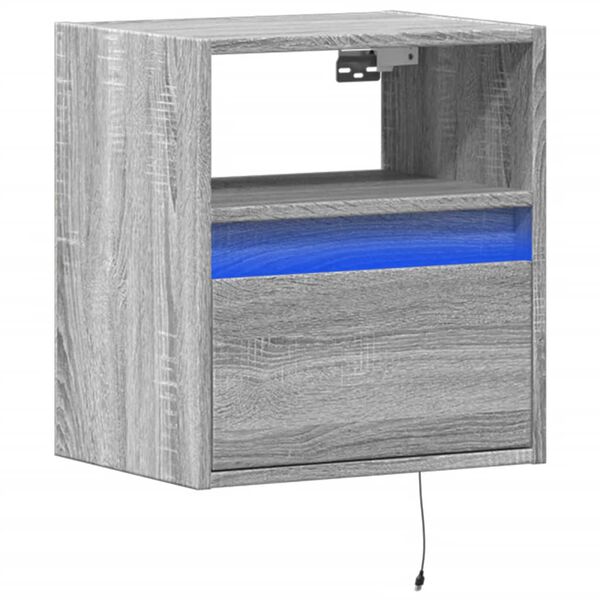 vidaXL Wall-mounted Bedside Cabinet with LED Lights Grey Sonoma