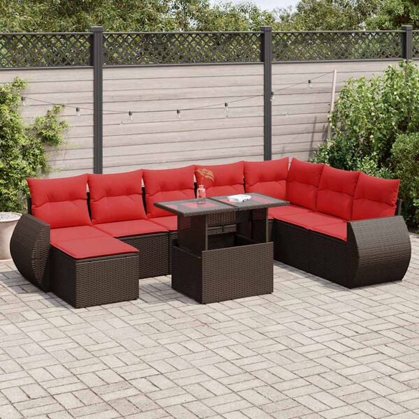 vidaXL 9 Piece Garden Sofa Set with Cushions Brown Poly Rattan Acacia