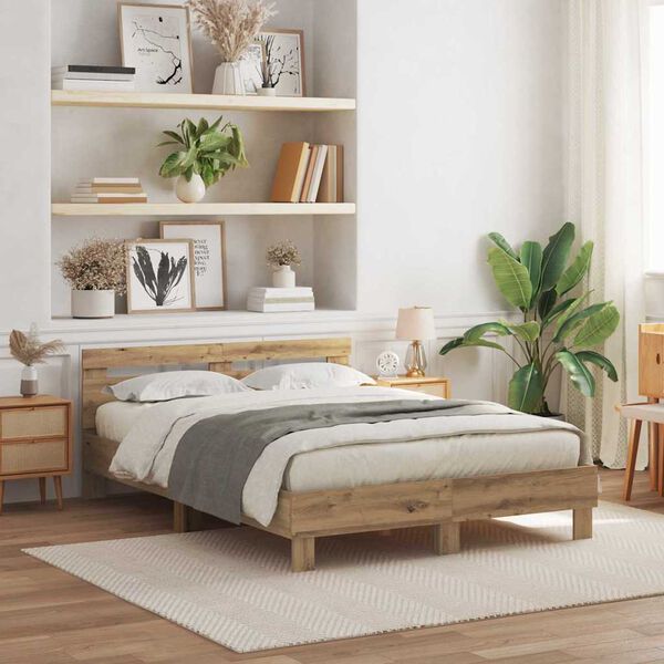 vidaXL Bed Frame with LED Artisan Oak 140 x 190 cm Engineered Wood