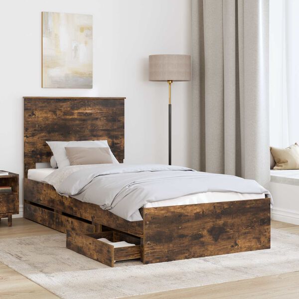 vidaXL Bed Frame with Drawer Smoked Oak 90 x 200 cm Engineer Wood