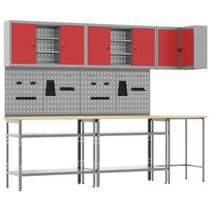 vidaXL Work Cabinet Set with Shelf with Storage 10 pcs Red and Grey