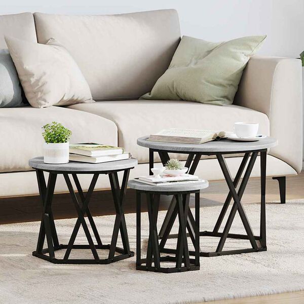 vidaXL Nesting Side Table 3 pcs Grey Sonoma Engineered Wood and Steel