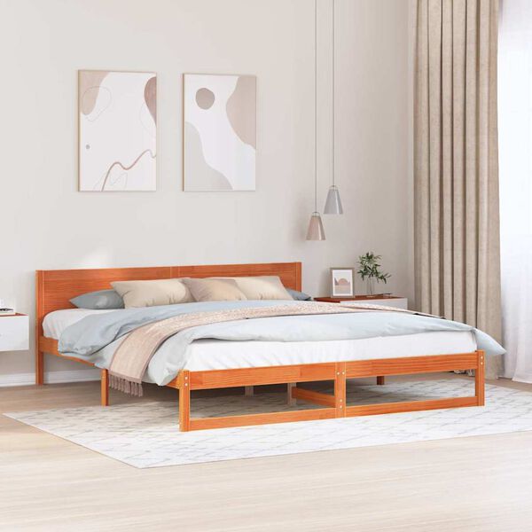 vidaXL Bed Frame with Headboard Wax Brown 200 x 200 cm Solid Pine Wood