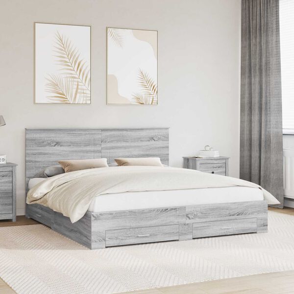 vidaXL Bed Frame with Drawer Grey Sonoma 200 x 200 cm Engineered Wood