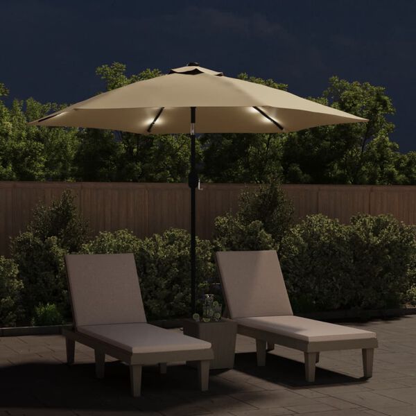 vidaXL Garden Parasol with LED Lights and Steel Pole 300 cm Taupe
