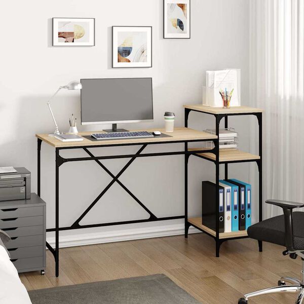 vidaXL Desk with Shelves Sonoma Oak 135x50x90 cm Engineered Wood&Iron