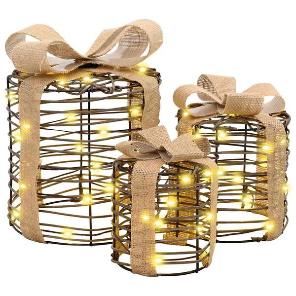 vidaXL Gift Box Decoration 3 pcs Warm white 20 x 20 x 20 cm Rattan