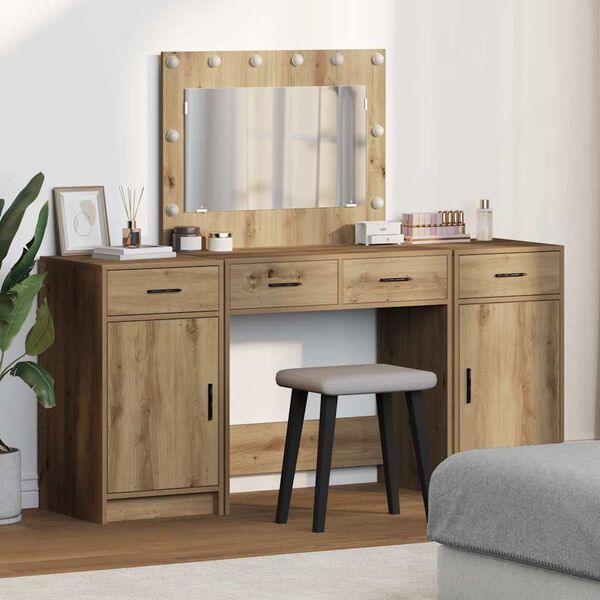 vidaXL Dressing Table with Mirror Lights 3 pcs Brown Engineered Wood