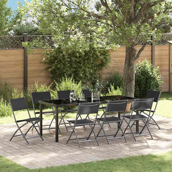 vidaXL Garden Dining Set Folding 9 pcs Black Powder-Coated Steel
