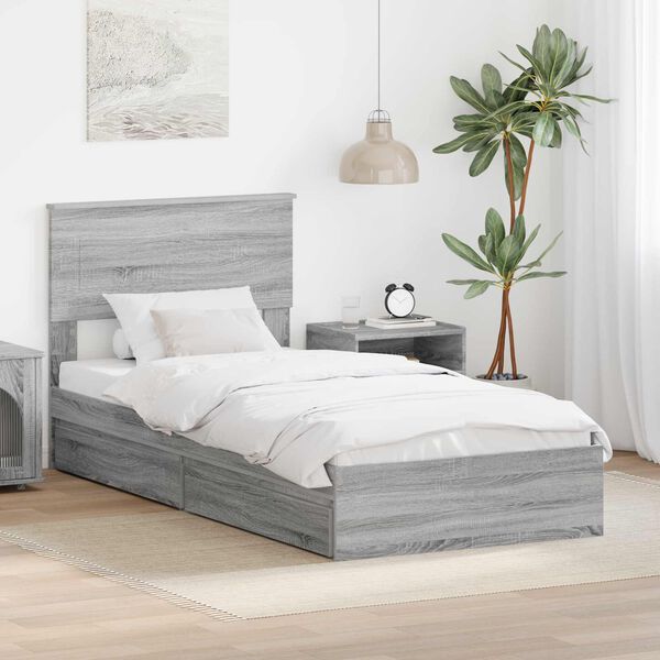 vidaXL Storage Bed with Drawer Grey Sonoma 75 x 190 cm Engineered Wood