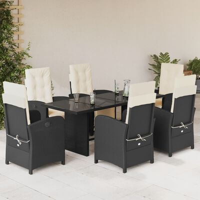 vidaXL 7 Piece Garden Dining Set with Cushions Black Poly Rattan