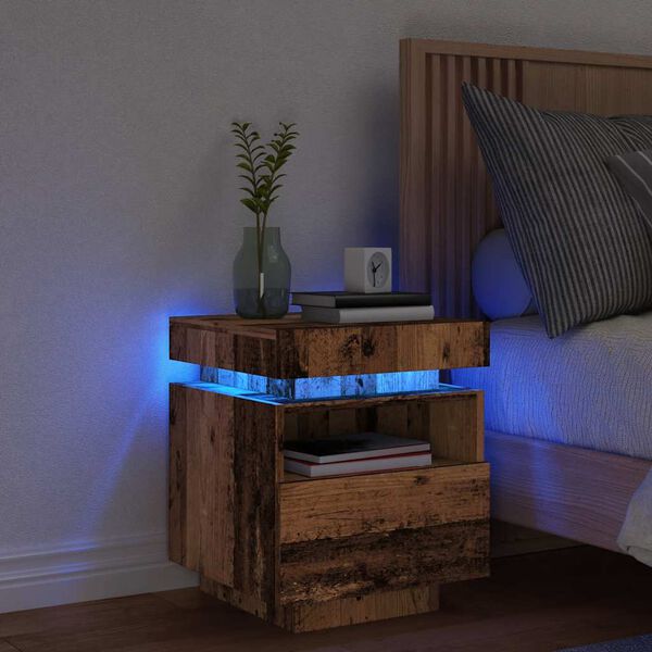 vidaXL Bedside Cabinet with LED Lights Old Wood 40x39x48.5 cm