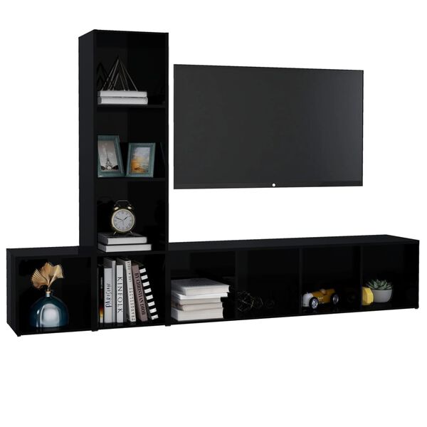 vidaXL 3 Piece TV Cabinet Set High Gloss Black Engineered Wood