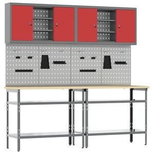 vidaXL Work Bench Set with Lock 8 pcs Red and Grey Powder-Coated Steel