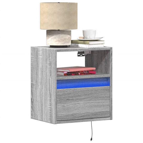 vidaXL Wall-mounted Bedside Cabinet with LED Lights Grey Sonoma